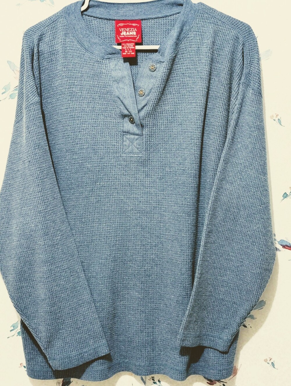 Vintage Venezia Men's Grey/Blue Waffle Henley Thermal Shirt Size 18/20